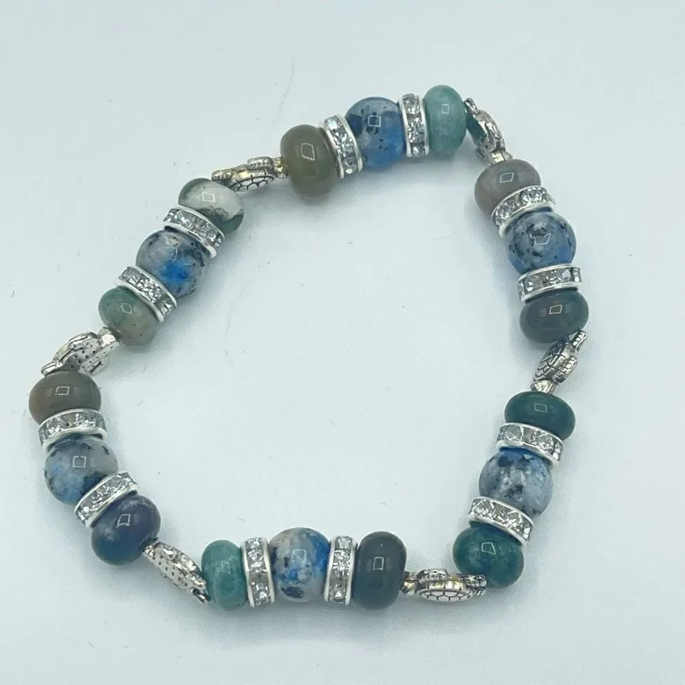 Sea Turtle India agate K2 beaded stretch bracelet ONE NEW crystal reiki yoga med